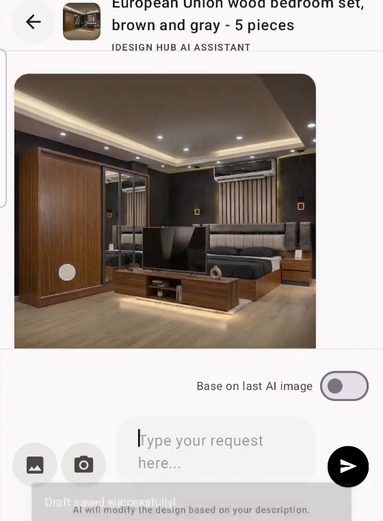AI assistant generating a customized bedroom design inside the iDesign Hub app