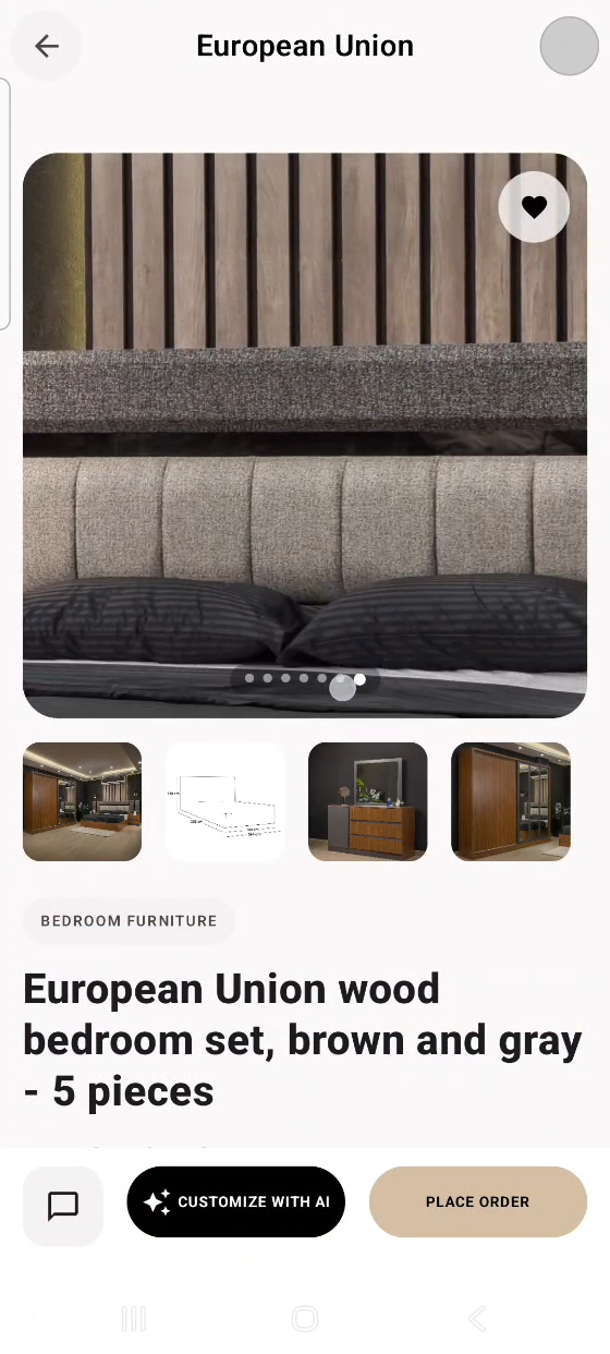 Furniture product page with Customize with AI and Place Order actions