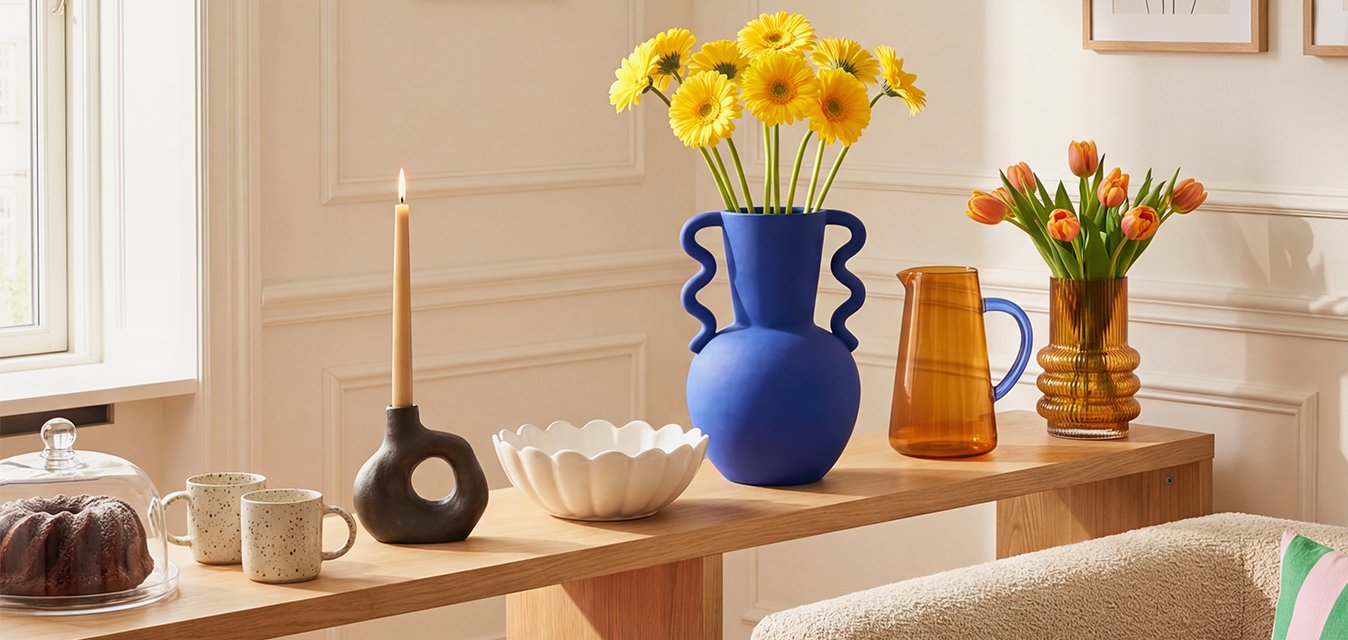 Gelbe Gerbera in einer blauen Vase, orange Tulpen in einer braunen Vase, eine brennende Kerze in einem schwarzen Halter und eine geschwungene weiße Schale auf einem Holzregal.