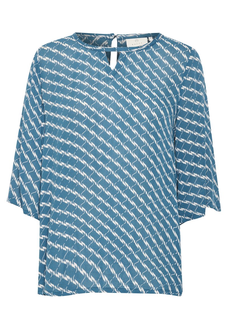 Blaue Bluse mit lockerer Passform, kurzen Ärmeln und einem Schlüsselloch-Ausschnitt. Mit einem weißen abstrakten Muster durchzogen. Glatte Textur.