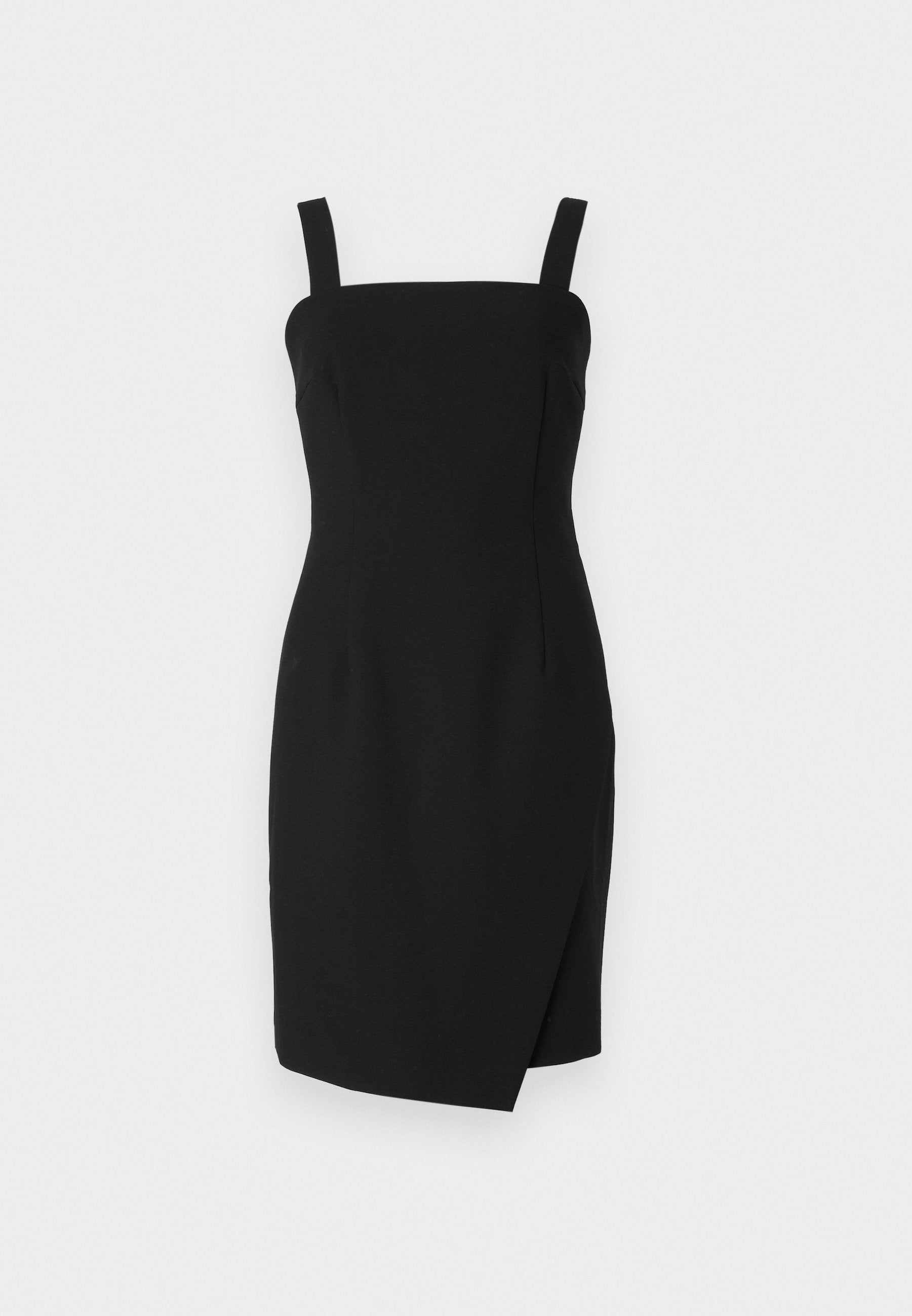 Schwarzes tailliertes Kleid mit quadratischem Ausschnitt, verstellbaren Trägern und einem Wickeleffekt an der Vorderseite, gefertigt aus einem glatten Textilstoff.