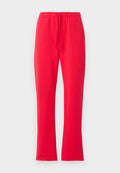 Rote Sweatpants aus Baumwollmischung mit einem ausgestellten Design, ausgestattet mit einem elastischen Bund und verstellbarem Kordelzug. Glatte Textur überall.