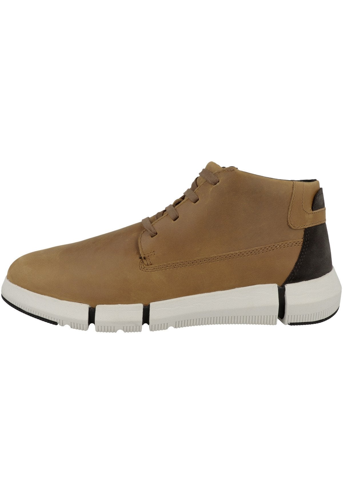 Braune Leder-Stiefeletten mit einer weißen Gummisohle, die ein schlankes Design, eine abgerundete Zehenpartie und einen dezenten dunklen Akzent an der Ferse aufweisen.