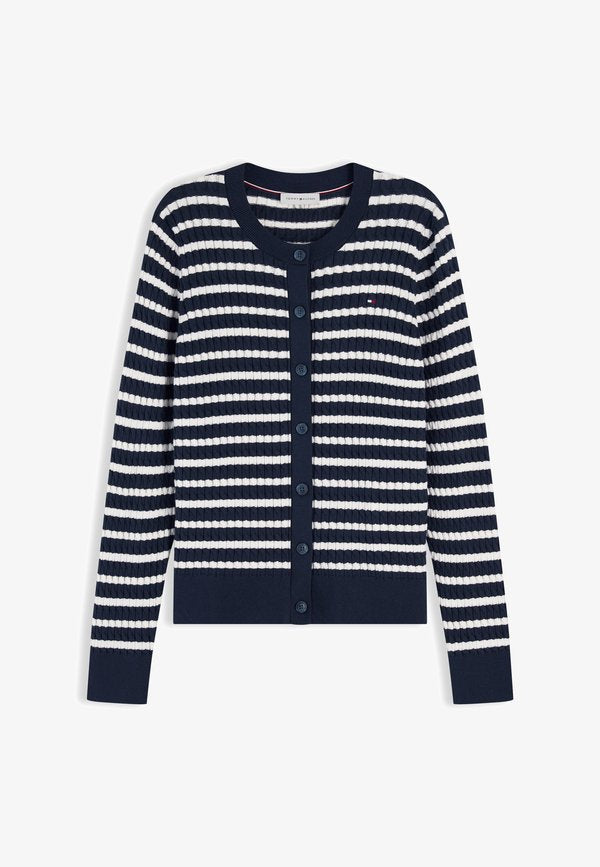 Tommy Hilfiger CABLE KNIT CREW NECK CARDIGAN - Cardigan - dark navy/ivory petal breton