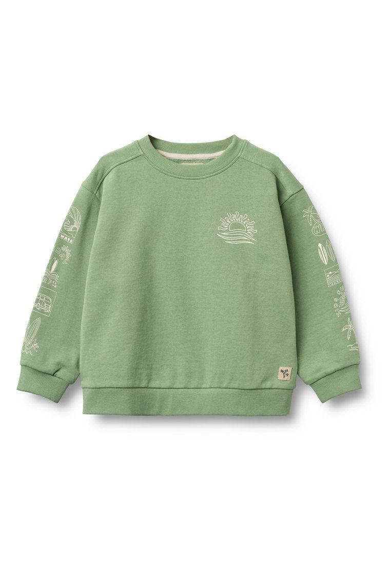 Grüner Baumwoll-Sweatshirt mit gerippten Bündchen, verziert mit weißen, natur- und wellenförmigen Motiven auf Ärmeln und Brust. Quadratisches Logotag an der Taille.