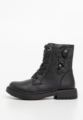 Schwarze Lederstiefeletten mit abgerundeter Zehenform, Schnürung vorne und floralen Akzenten an der Seite. Sie verfügen über einen niedrigen, gestapelten Absatz und eine strukturierte Sohle.