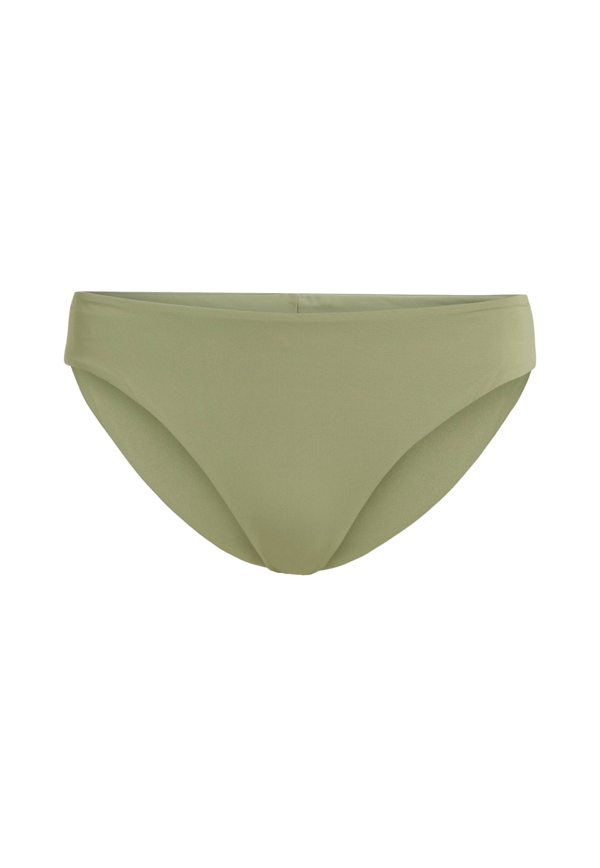 Grüner Bikiniunterteil mit glatter, strukturierter Oberfläche, niedrigem Schnitt und minimalistischem Design. Keine sichtbaren Muster oder Hardware-Details.