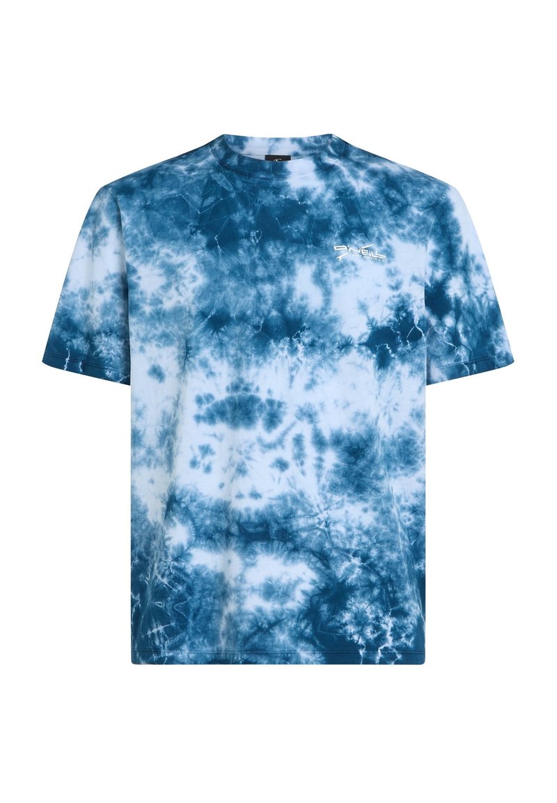 Blaue und weiße Batik-T-Shirt, kurze Ärmel, Rundhalsausschnitt, aus weicher Baumwolle, mit einem wirbelnden Muster und einem Logo auf der Brust.