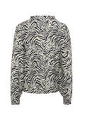 Langärmlige Bluse mit Schwarz-Weiß-Zebra-Muster, hoher Halslinie und gerafften Manschetten für einen lockeren Sitz. Strukturierter Stoff.
