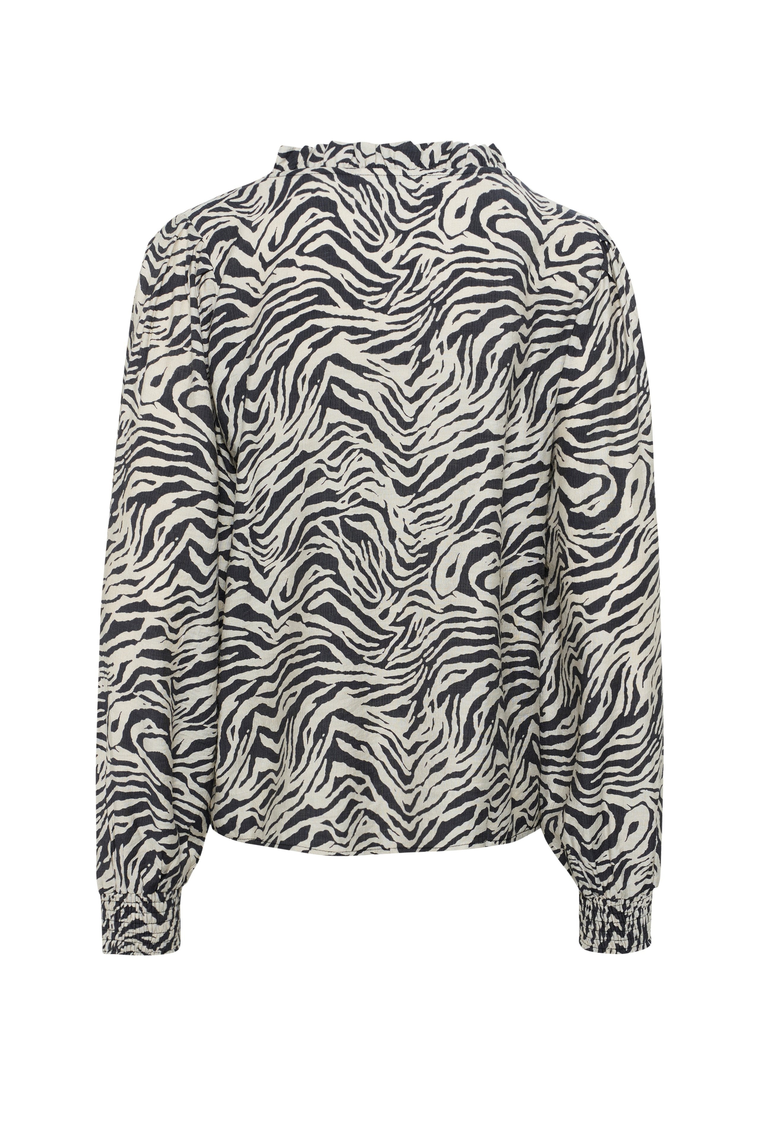 Langärmlige Bluse mit Schwarz-Weiß-Zebra-Muster, hoher Halslinie und gerafften Manschetten für einen lockeren Sitz. Strukturierter Stoff.