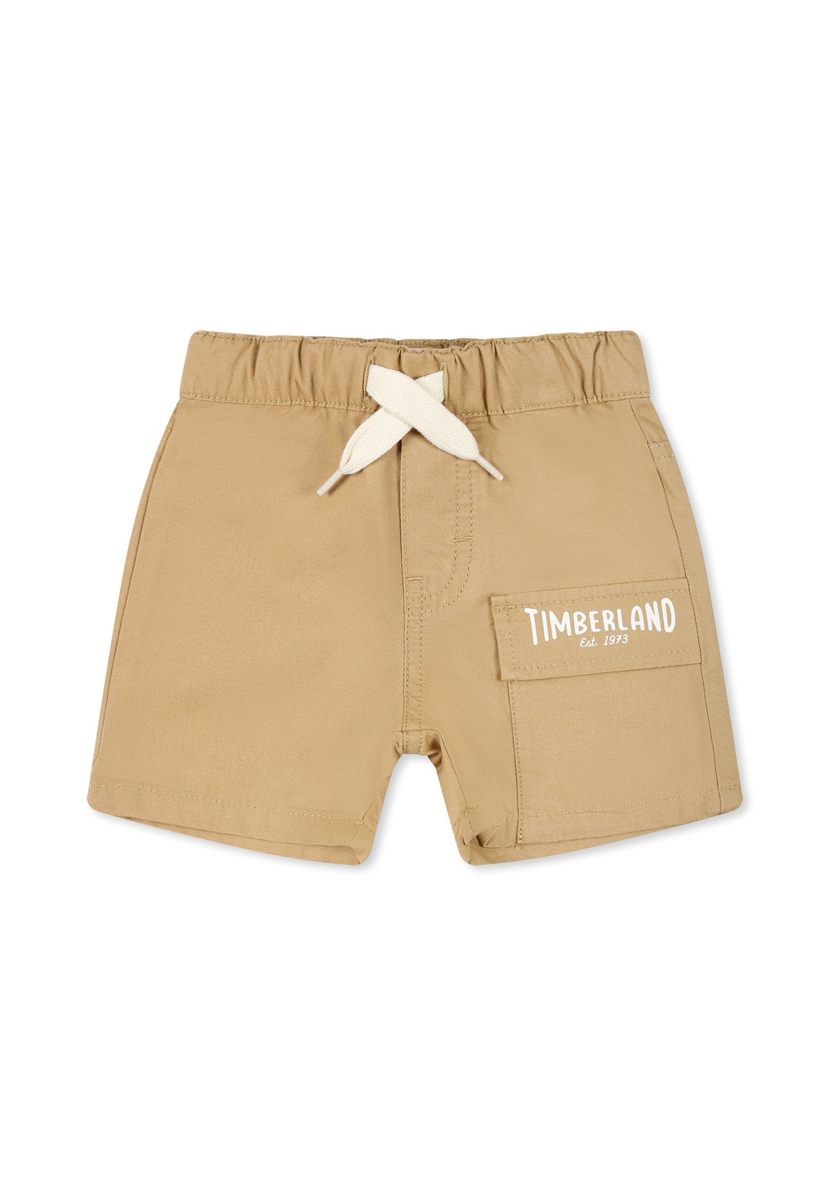 Beige Shorts aus leichtem Material mit elastischem Bund und weißem Kordelzug. Verfügt über eine Seitentasche und das Logo "TIMBERLAND Est. 1973".