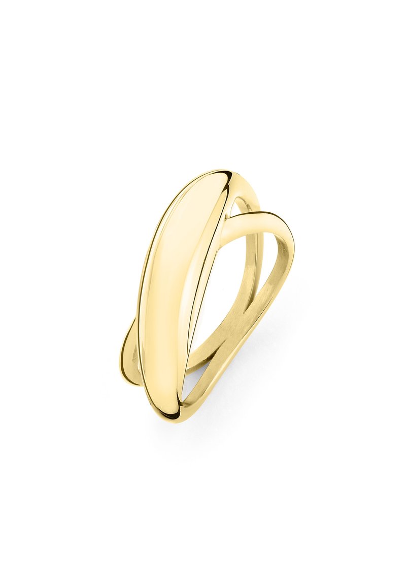 Goldplattierter Ring mit einem glatten, ovalen zentralen Design und verflochtenem Band, das eine polierte Oberfläche und eine schlanke, moderne Ästhetik aufweist.