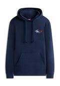 Marineblauer Kapuzenpullover mit Fronttasche, Kordelzug und kleinem "Tommy Jeans"-Logo in Weiß und Rot auf der Brust.