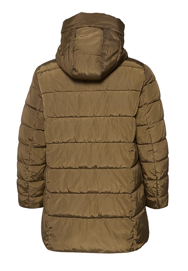 Daunenjacke in Olivgrün mit gesteppter Optik, verstellbarer Kapuze und elastischen Bündchen. Verfügt über eine weiche, glatte Textur und einen geraden Schnitt.