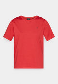 Rotes T-Shirt mit kurzen Ärmeln aus weichem Stoff. Es verfügt über einen Rundhalsausschnitt und ein kleines Logo auf der Brust. Einfaches Design ohne Muster.