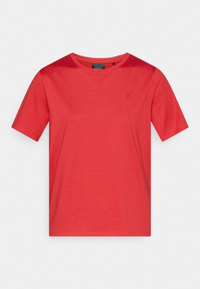 Rotes T-Shirt mit kurzen Ärmeln aus weichem Stoff. Es verfügt über einen Rundhalsausschnitt und ein kleines Logo auf der Brust. Einfaches Design ohne Muster.