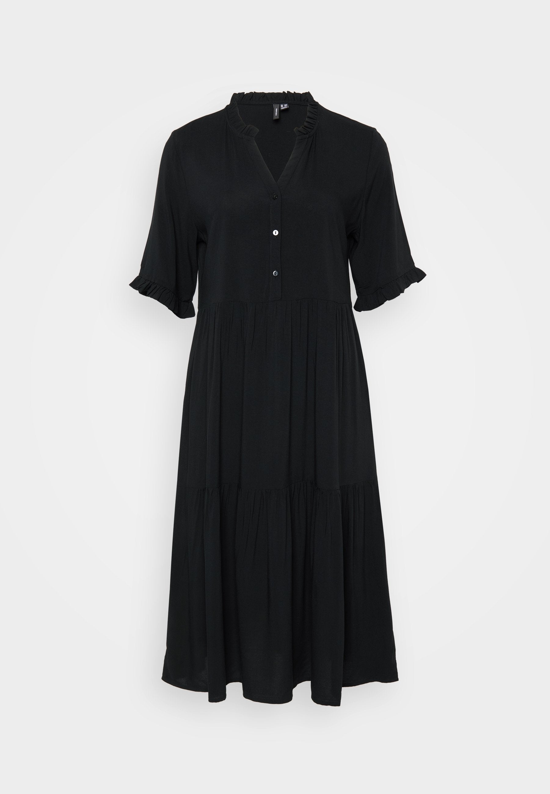 Schwarzes, knielanges Kleid mit durchgehender Knopfleiste, kurzen Rüschärmeln und geschichteter Optik. Aus weichem Stoff gefertigt, verfügt es über eine subtile Textur.