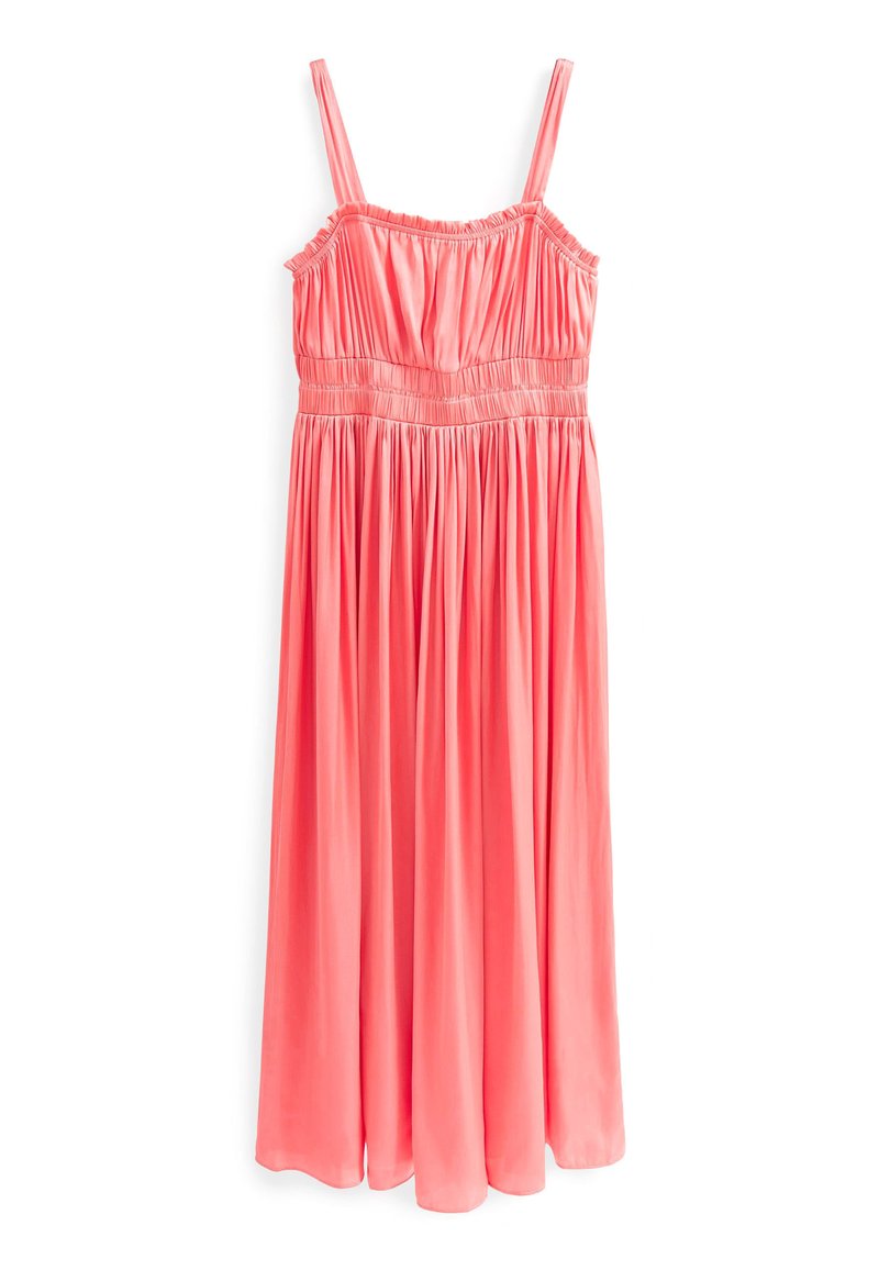 Korallenfarbenes, ärmelloses Kleid mit Spagetti-Trägern. Es hat ein gerafftes Oberteil und einen fließenden Rock, hergestellt aus leichtem, glattem Stoff.