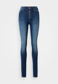 Hochtaillierte Denim-Jeans, dunkelblau mit einer glatten Oberfläche, ausgestattet mit einem fünfknöpfigen Frontverschluss und slim fit. Klassisches Fünf-Taschen-Design.