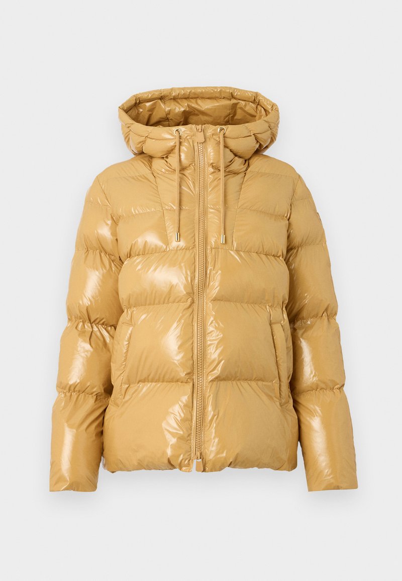 Glänzende, beige Pufferjacke mit Kapuze,Frontreißverschluss, Kordelzügen und Seitentaschen, entworfen für kaltes Wetter.