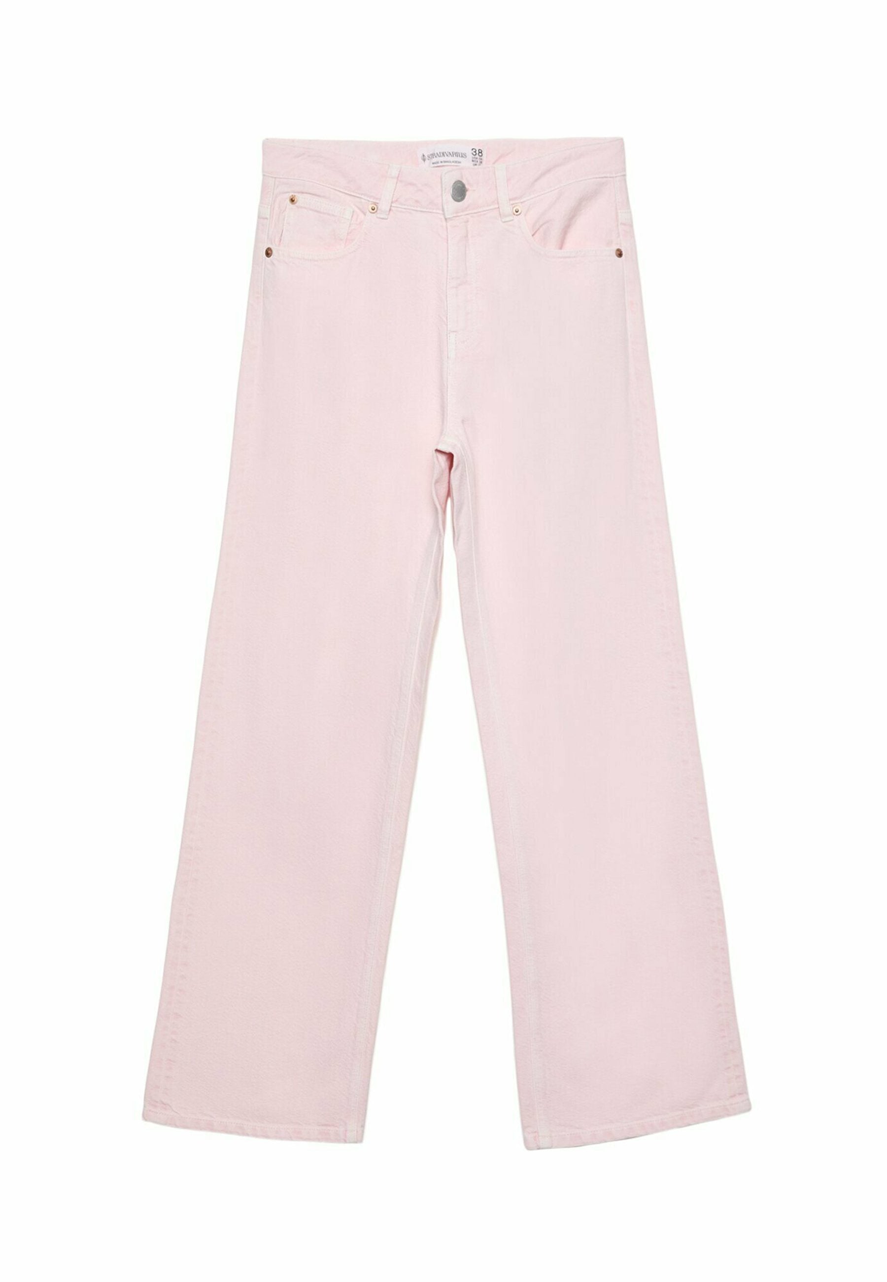 Helle rosa Denim-Jeans mit weitem Bein, vorderem Knopfverschluss, zwei Taschen und goldenen Hardware-Details. Glatte Textur mit klassischem Schnitt.
