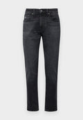 Schwarze Jeans aus Denim mit geradem Bein, ausgestattet mit einem Fünf-Taschen-Design und einem Reißverschluss. Dezente Ausbleichungen und Nähdetails an den Taschen.