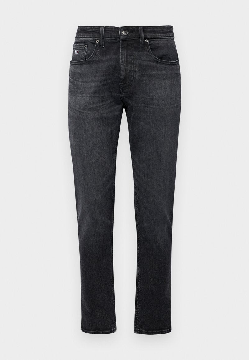 Schwarze Jeans aus Denim mit geradem Bein, ausgestattet mit einem Fünf-Taschen-Design und einem Reißverschluss. Dezente Ausbleichungen und Nähdetails an den Taschen.