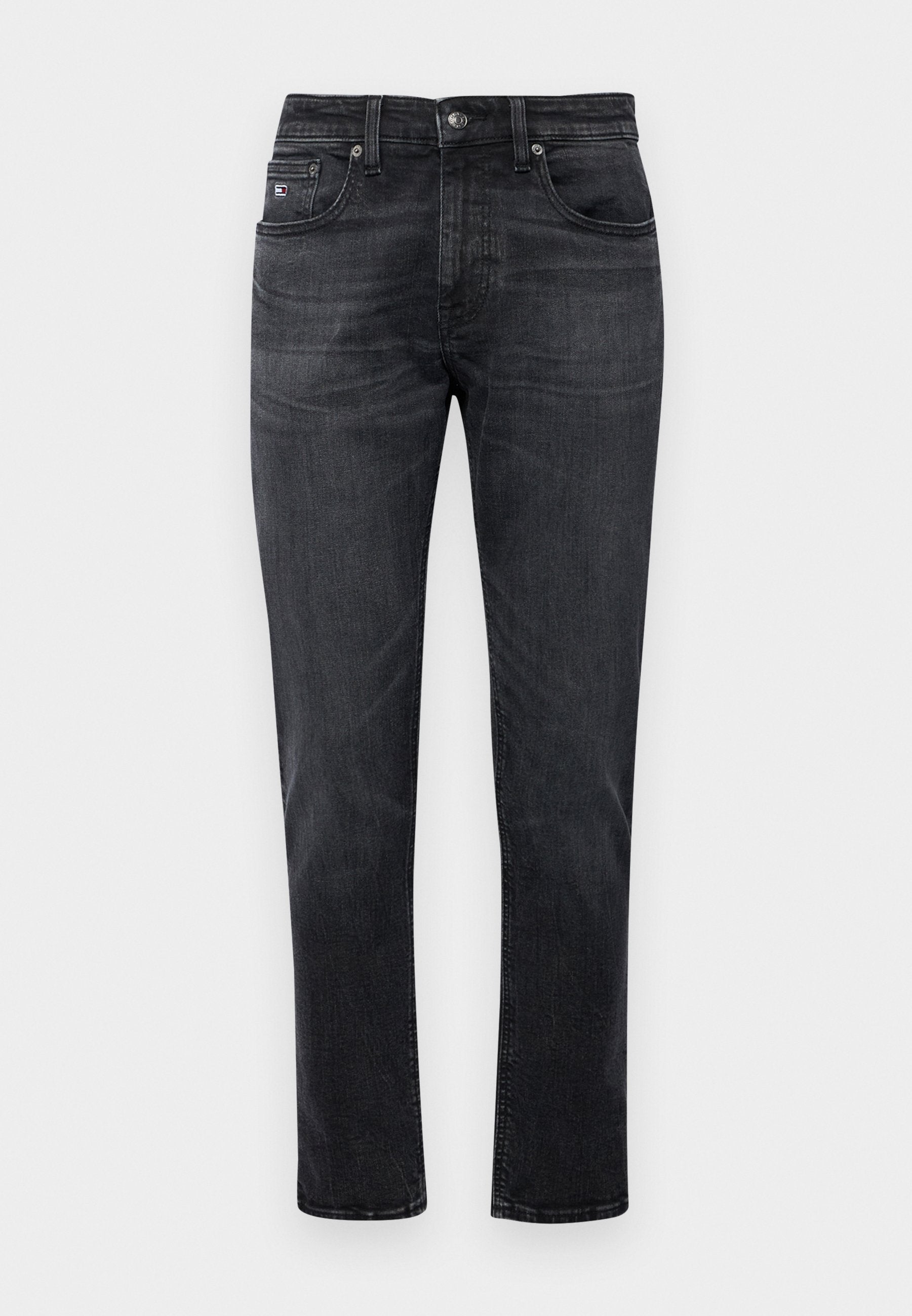 Schwarze Jeans aus Denim mit geradem Bein, ausgestattet mit einem Fünf-Taschen-Design und einem Reißverschluss. Dezente Ausbleichungen und Nähdetails an den Taschen.