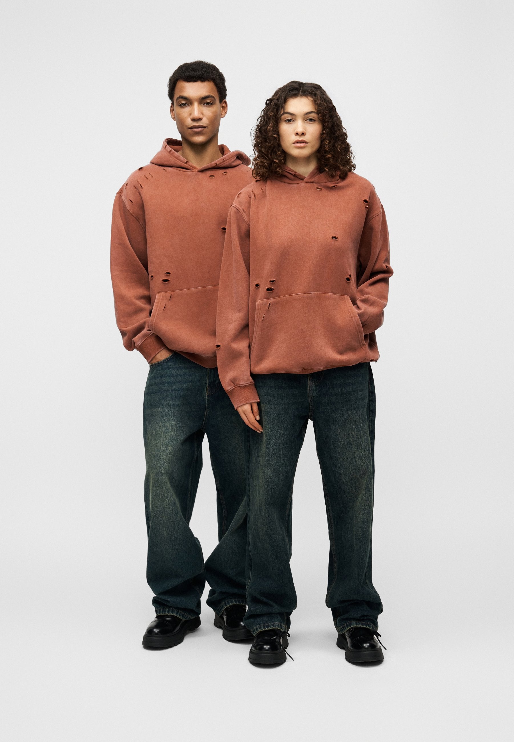 YOURTURN UNISEX RELAXED FIT DESTROYED WASHED HOODIE