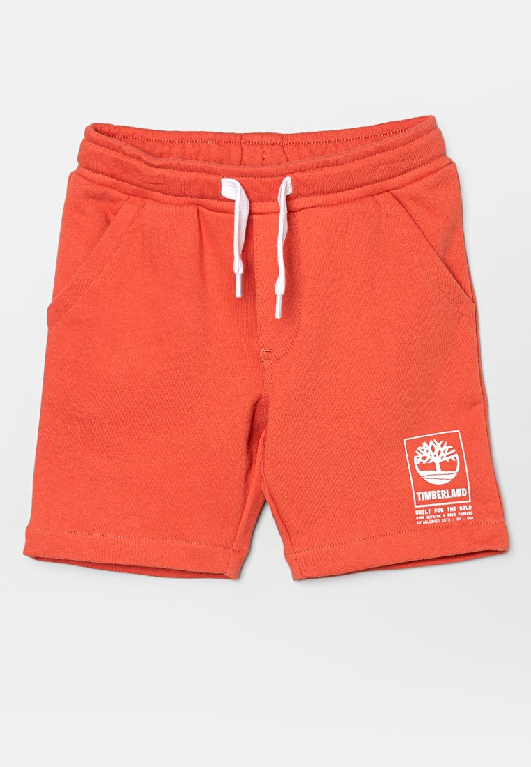 Orangene Baumwollshorts mit elastischem Bund und weißem Kordelzug. Verfügt über zwei Seitentaschen und ein Timberland-Logo-Patch auf der Vorderseite.