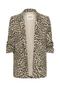 Leopardenmuster-Blazer mit gerafften Ärmeln, Revers, Vordertaschen und beiger Innenauskleidung.