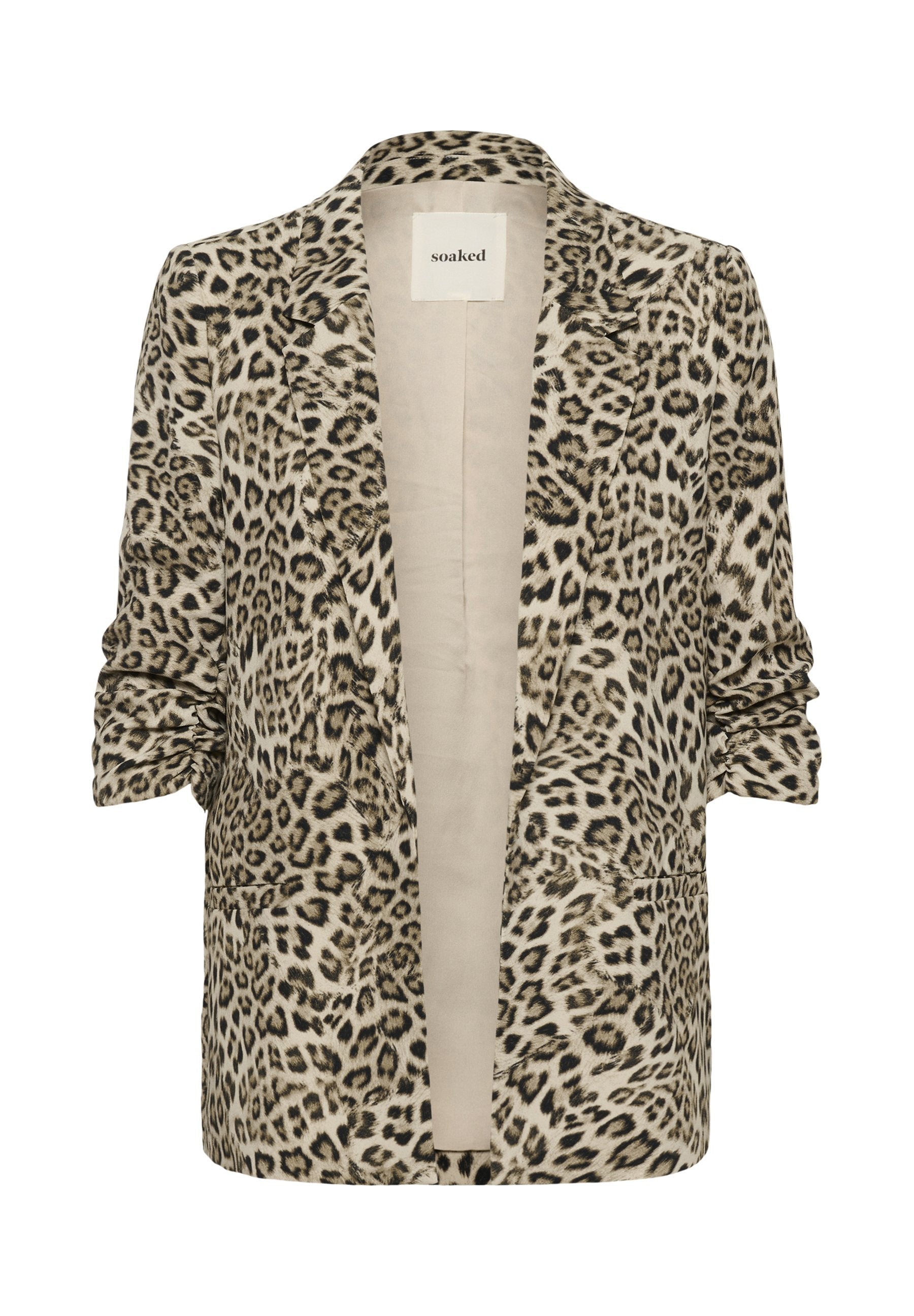 Leopardenmuster-Blazer mit gerafften Ärmeln, Revers, Vordertaschen und beiger Innenauskleidung.