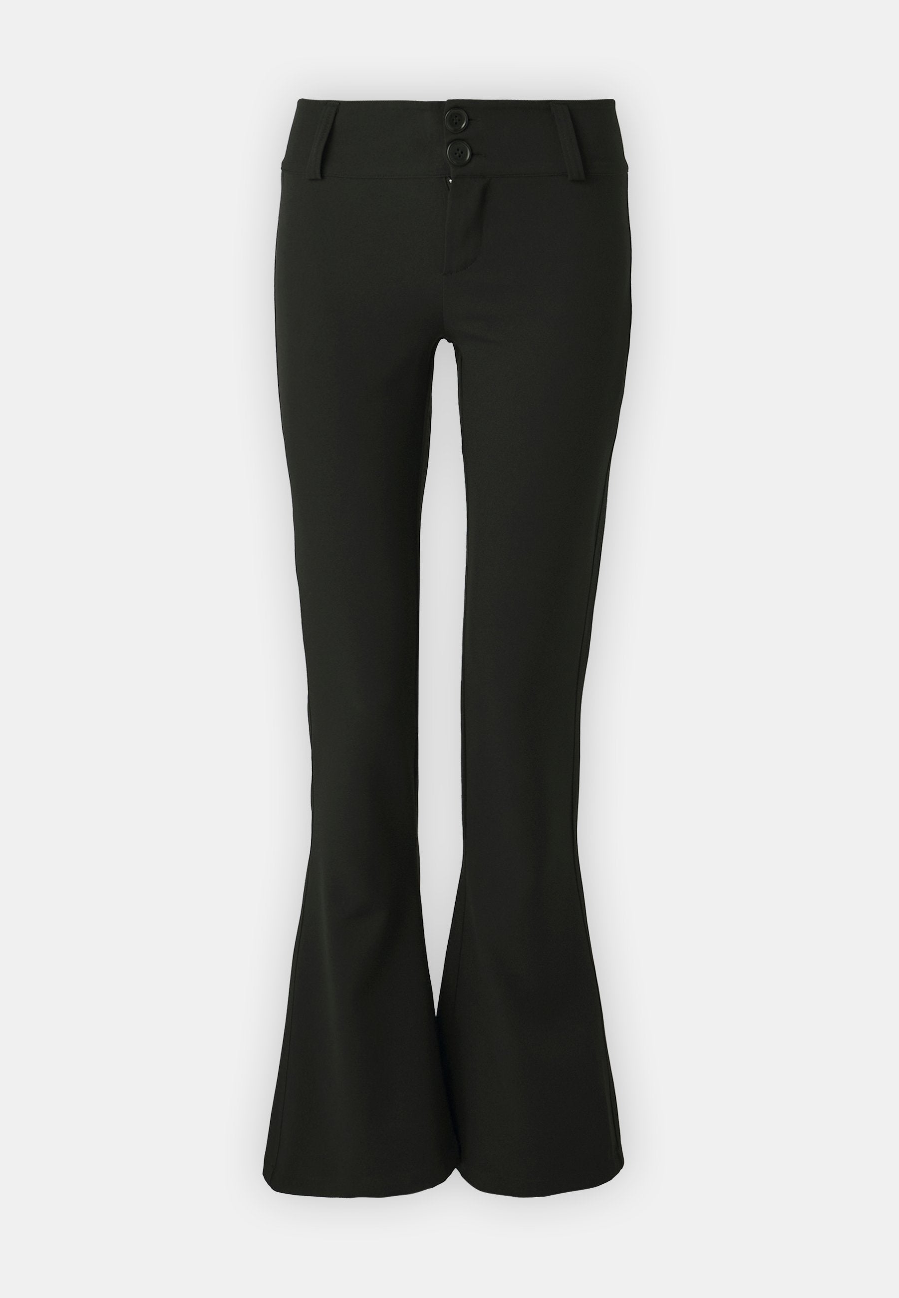 Schwarze, ausgestellte Hosen mit glatter Textur, die eine hohe Taille, einen doppelten Knopfverschluss und ein maßgeschneidertes Design für eine figurbetonte Silhouette aufweisen.
