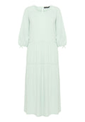 Mintgrünes Midi-Kleid mit quadratischem Ausschnitt, Puffärmeln und gerafften Stufen. Hergestellt aus weichem Stoff mit verstellbaren Ärmelschnüren.