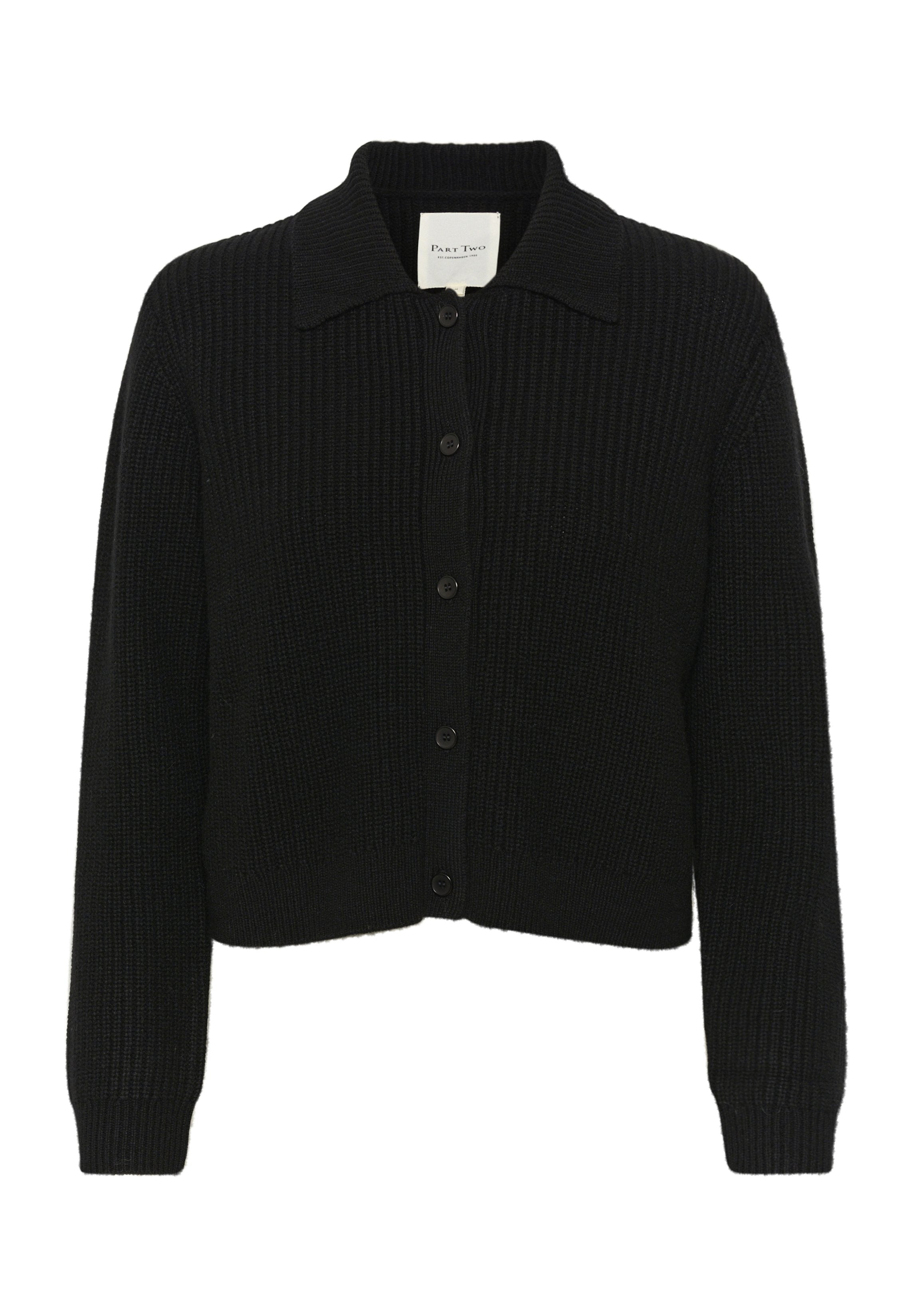 Schwarze Strickjacke mit Kragen, Knopfverschluss vorne und Rippdetails an den Manschetten und dem Saum. Strukturierter Stoff mit cropped Passform.