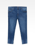 Blaue Jeans aus Denim mit einem klassischen Fünf-Taschen-Design, geradem Bein und subtiler Ausbleichung auf der Vorderseite. Mit einem vorderen Knopf- und Reißverschluss.