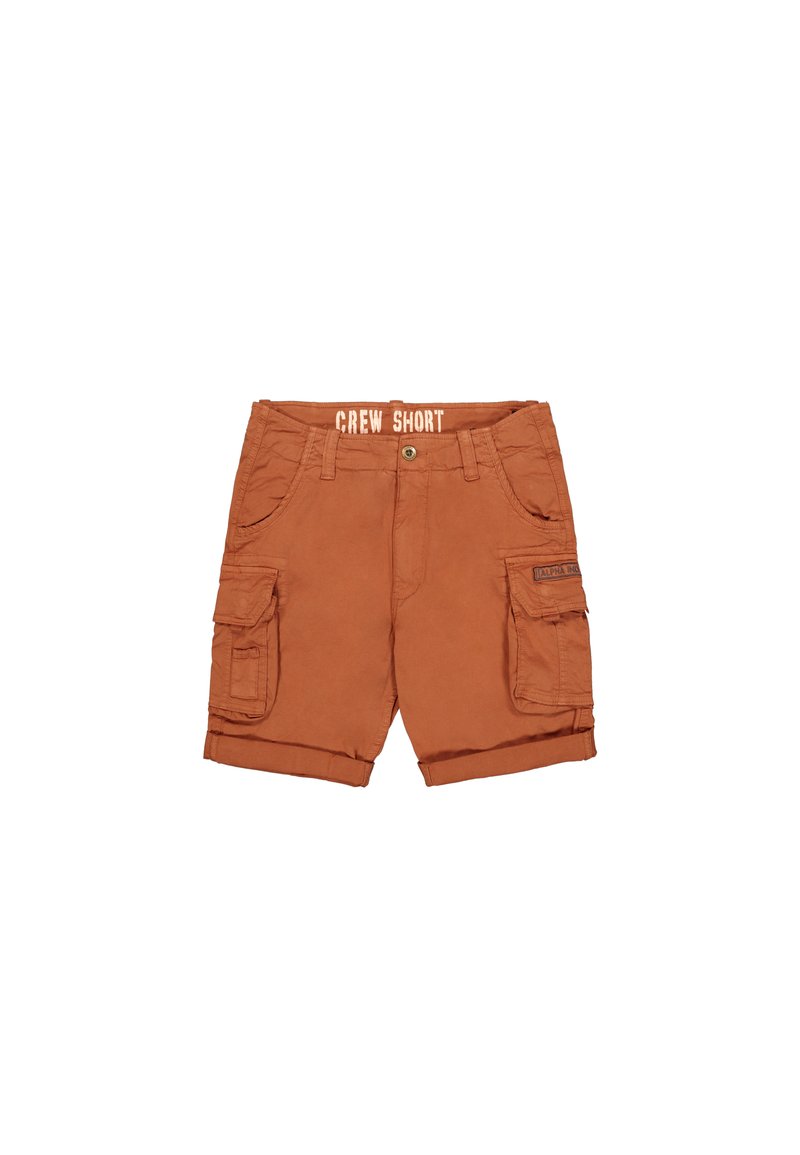 Cargo-Shorts in rostfarbener Ausführung mit hochgekrempelten Säumen, Fronttaschen, Gürtelschlaufen und Klapptaschen an beiden Oberschenkeln.