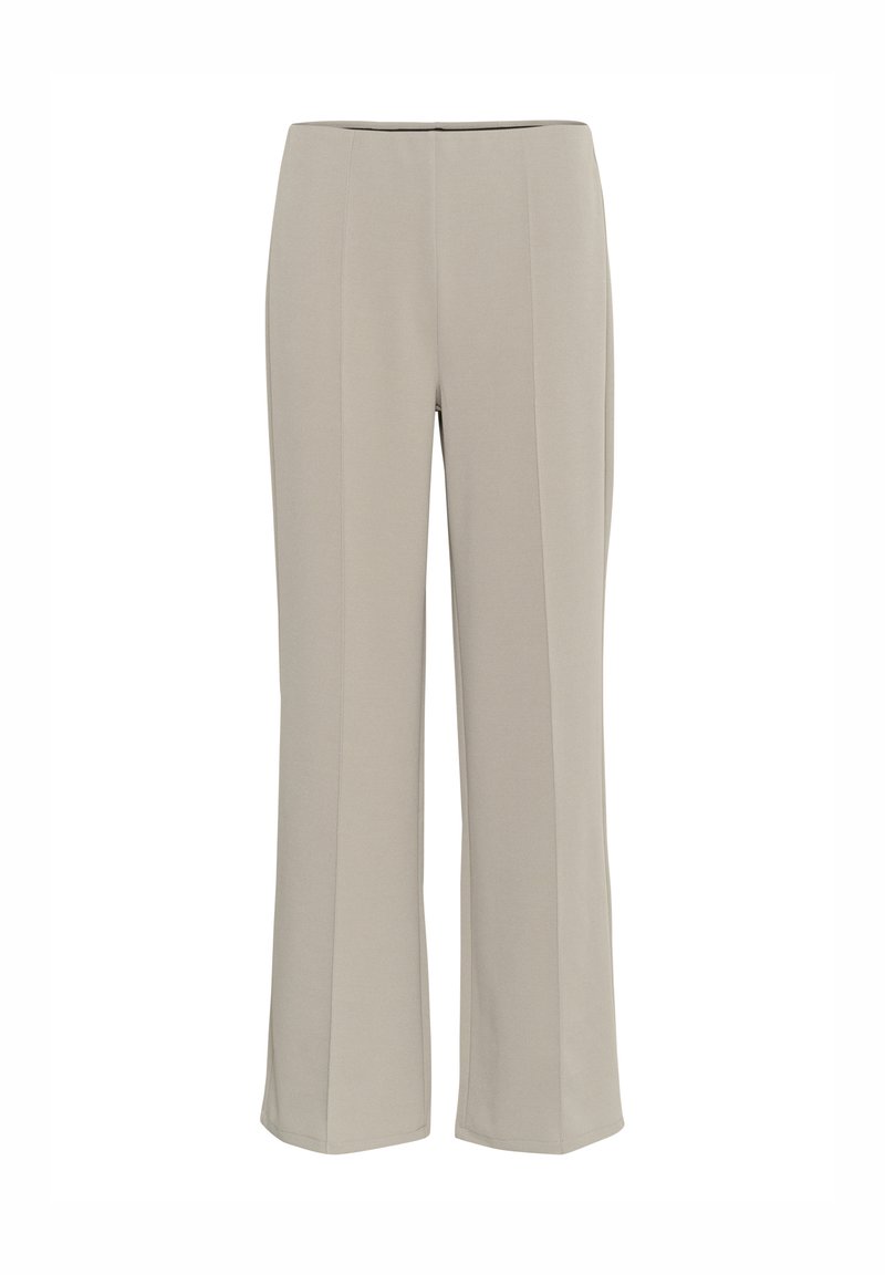 Helle Beige Hosen mit geradem Bein, ausgestattet mit flachem Frontdesign und dezenten Falten. Hergestellt aus einem glatten Stoff mit einer weichen Textur.