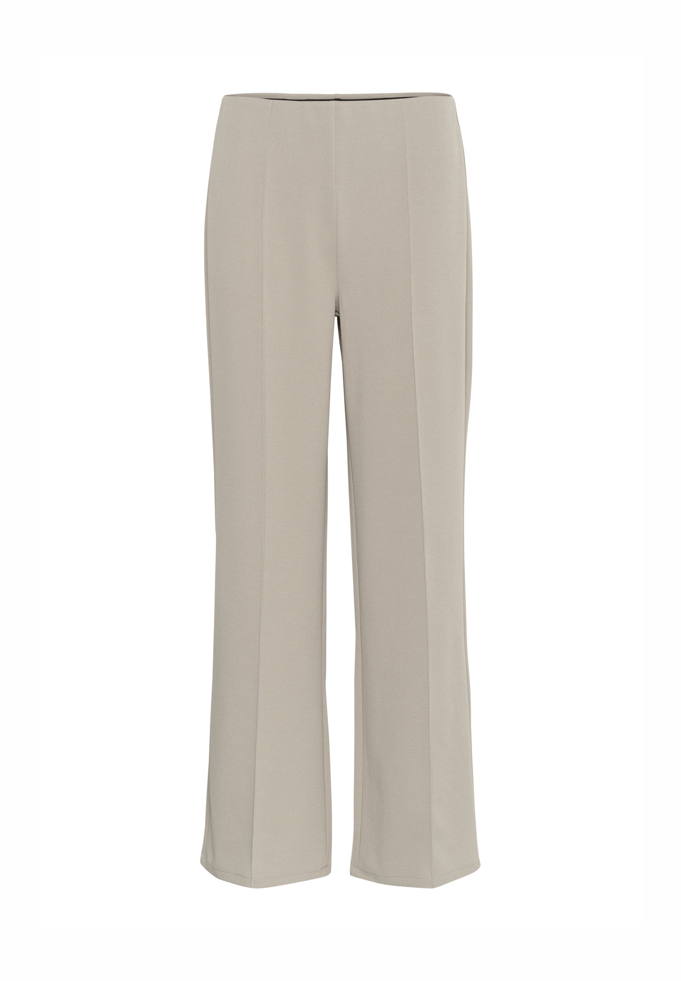 Helle Beige Hosen mit geradem Bein, ausgestattet mit flachem Frontdesign und dezenten Falten. Hergestellt aus einem glatten Stoff mit einer weichen Textur.