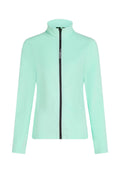 Mintgrüner Zip-Jacke mit hohem Kragen, aus weichem Material gefertigt. Verfügt über einen kontrastierenden schwarzen Reißverschluss und ein seitliches Logodetail. Lange Ärmel.