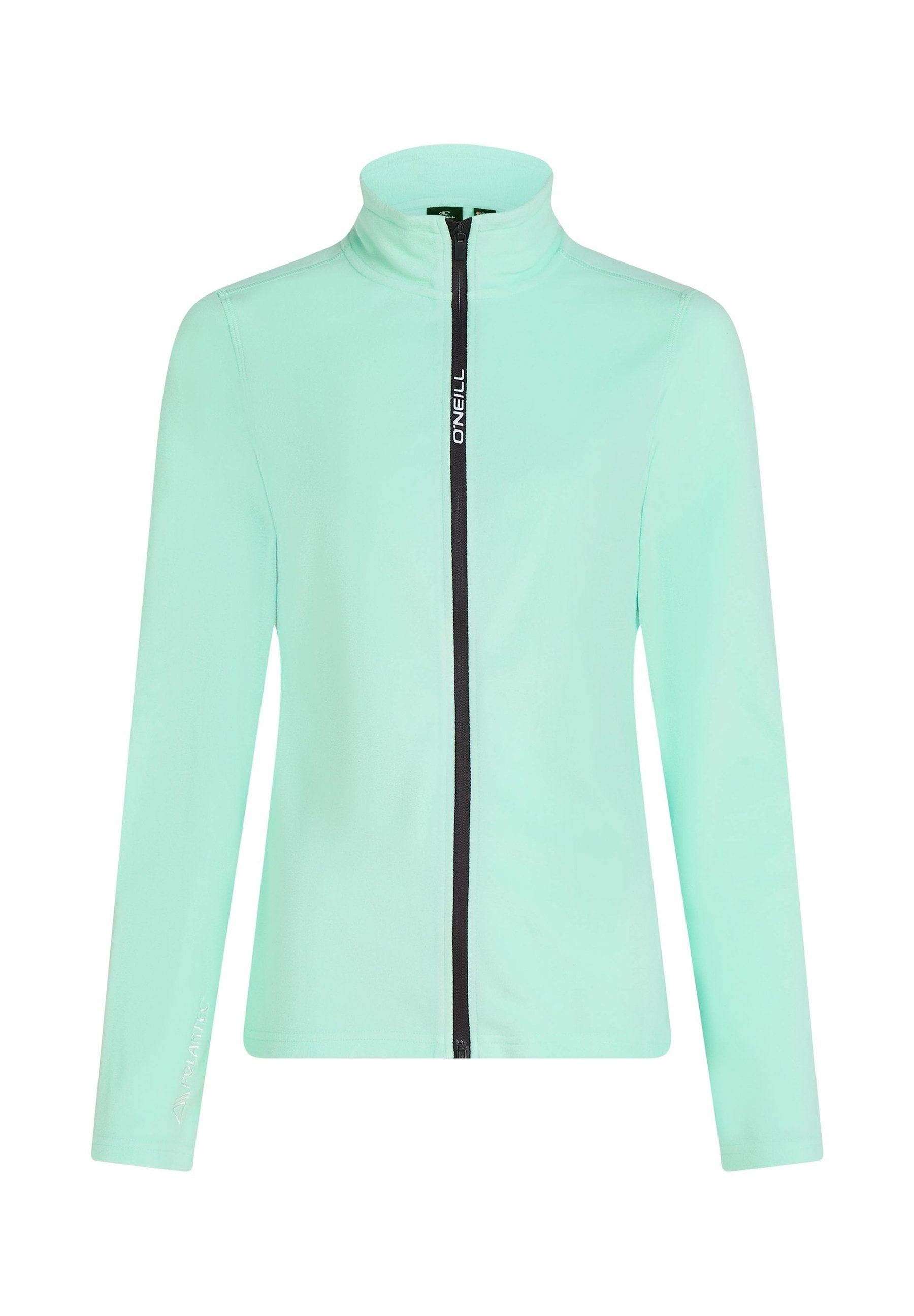 Mintgrüner Zip-Jacke mit hohem Kragen, aus weichem Material gefertigt. Verfügt über einen kontrastierenden schwarzen Reißverschluss und ein seitliches Logodetail. Lange Ärmel.