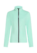 Mintgrüner Zip-Jacke mit hohem Kragen, aus weichem Material gefertigt. Verfügt über einen kontrastierenden schwarzen Reißverschluss und ein seitliches Logodetail. Lange Ärmel.