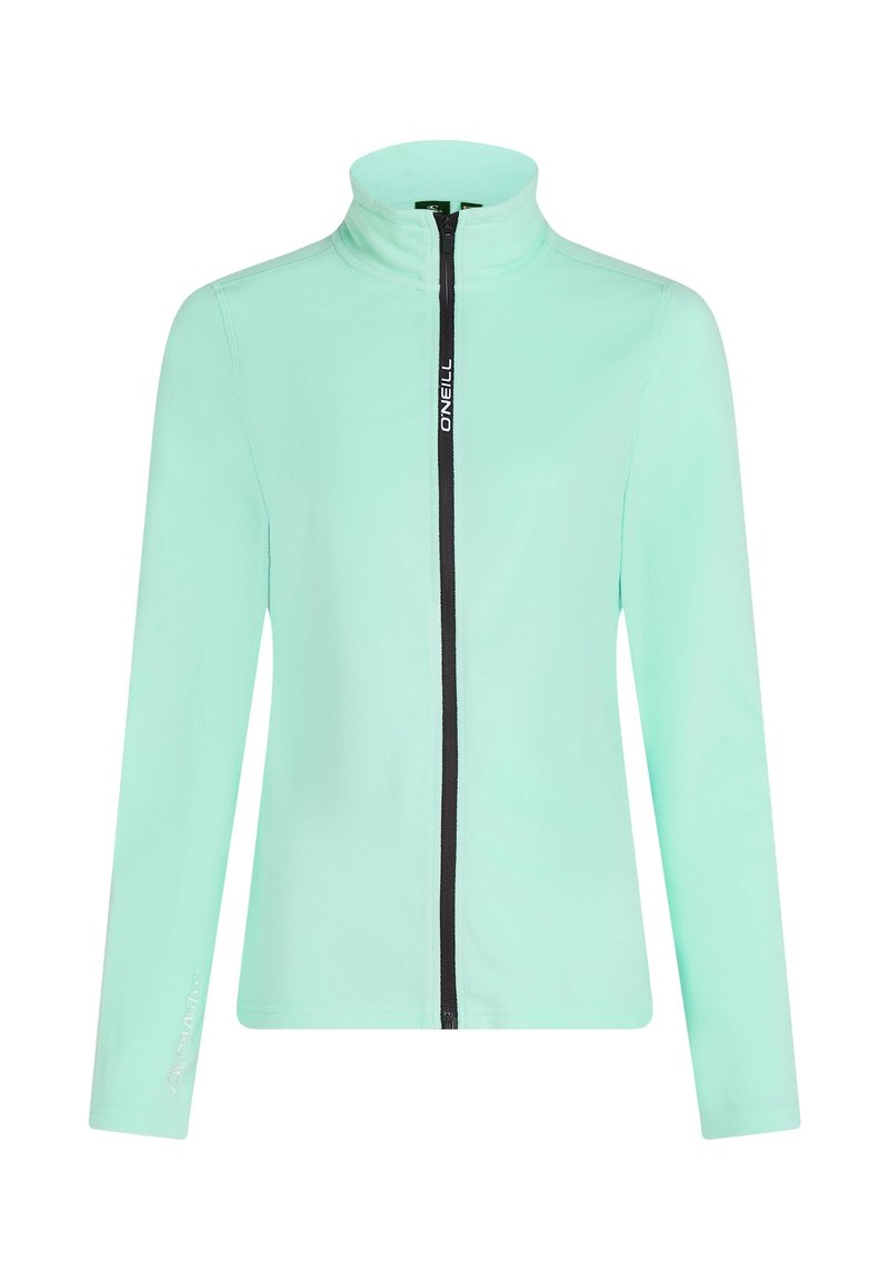 Mintgrüner Zip-Jacke mit hohem Kragen, aus weichem Material gefertigt. Verfügt über einen kontrastierenden schwarzen Reißverschluss und ein seitliches Logodetail. Lange Ärmel.