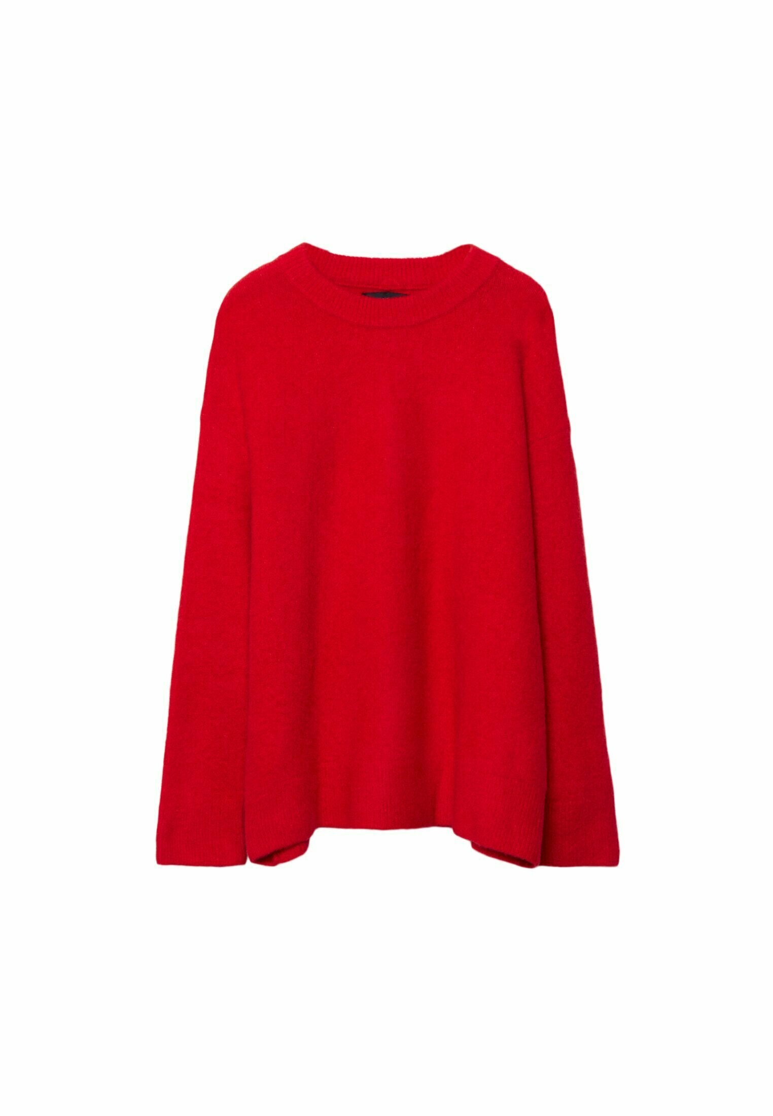 Roter Strickpullover mit Rundhalsausschnitt, weiten Ärmeln und lockerer Passform. Weiche Textur, keine Muster oder Akzente sichtbar.