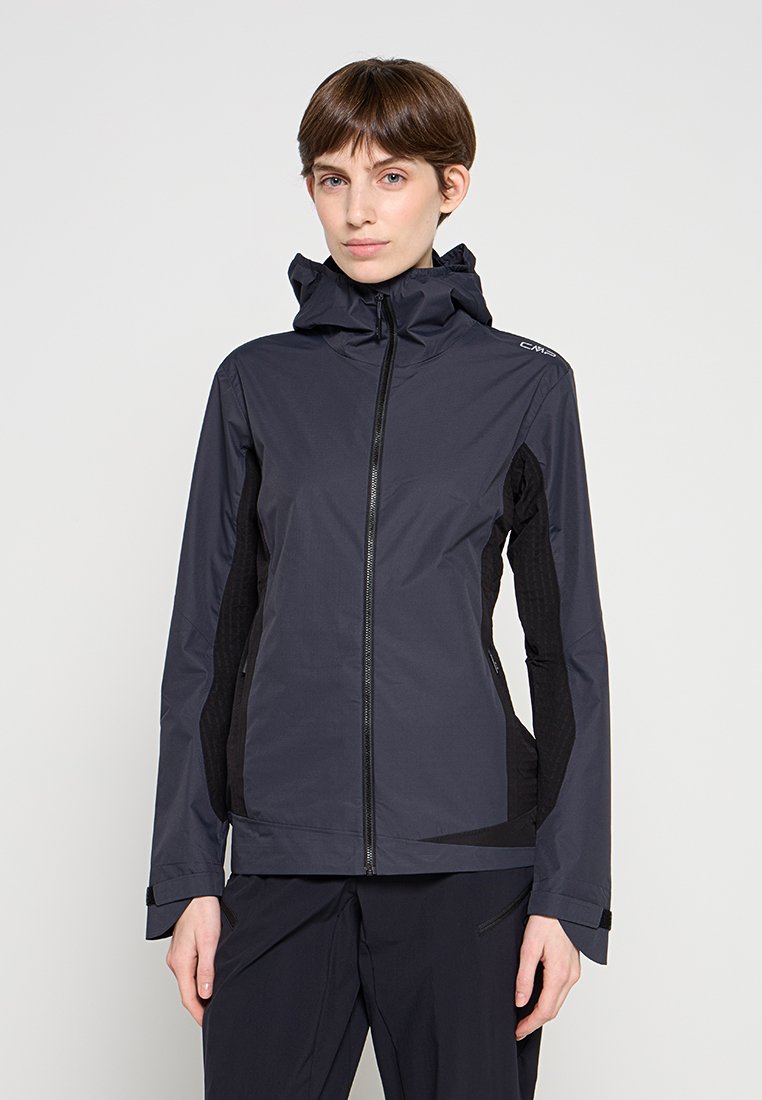 Schwarze und dunkelgraue wasserdichte Jacke mit Kapuze, durchgehendem Reißverschluss, elastischen Bündchen und Netz-Einsätzen an den Seiten. Verfügt über ein schlankes, figurbetontes Design.