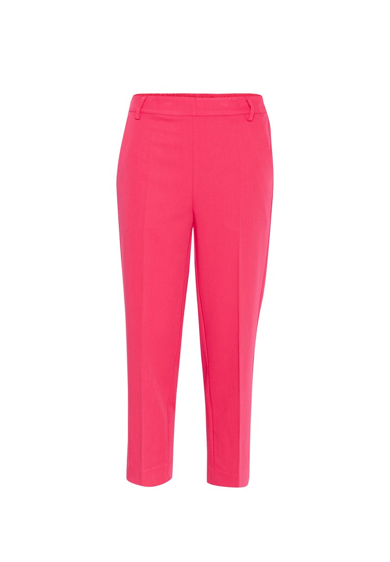 Angepasste rosa Hose mit glatter Textur, ausgestattet mit einem flachen Taillenbund und ohne sichtbare Taschen, zugeschnitten für eine schlanke Silhouette.