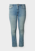 Hellblaue, hoch taillierte Slim-Fit Jeans mit Knopf- und Reißverschluss, Vorder- und Gesäßtaschen sowie verwaschenen Details an Oberschenkeln und Knien.