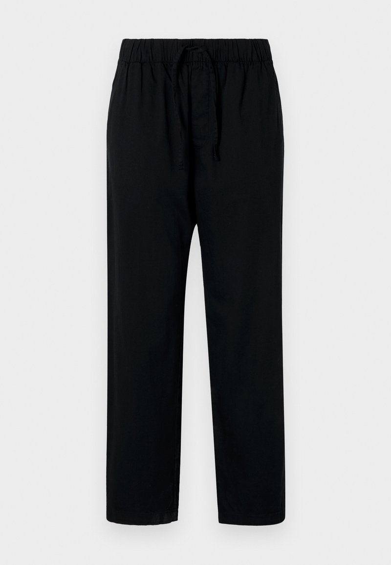 Schwarze, locker sitzende Hose mit elastischem Bund und verstellbarem Kordelzug. Glatte Textur, gerader Schnitt und keine sichtbaren Muster oder Beschläge.