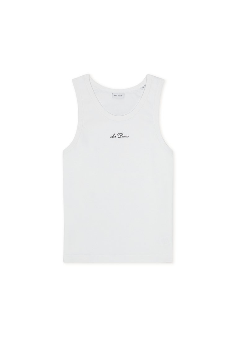 Weißes Baumwoll-Top mit rundem Ausschnitt und schwarzem, gesticktem Logo. Einfaches Design, ärmellos und weiche Textur.