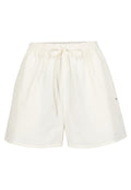 Weiße Baumwollshorts mit elastischem Bund und Kordelzug. Sie bieten eine lockere Passform und ein minimalistisches Design. Keine sichtbaren Muster oder Beschläge.